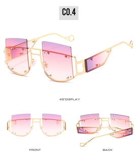 Three views of oversized square sunglasses with gold metal frame and gradient lenses
