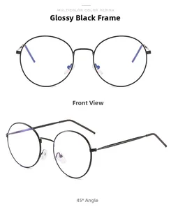 Detailed views of glossy black metal round frames with blue light blocking lenses