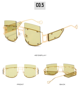 Three-angle display of square sunglasses with gold metal frames and yellow tinted lenses
