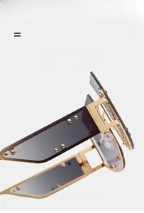 Detail view of large alloy rivet square sunglasses with gold metal frame and gradient lenses