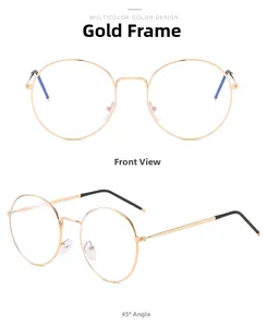 Front and 45-degree angle view of vintage round gold metal glasses frame for women