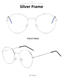 Silver round metal glasses frame shown from front and 45-degree angle views