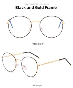 Front and side views of vintage round metal eyeglasses in black and gold finish