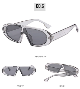 Trois vues de lunettes de soleil ovales grises futuristes avec monture épaisse