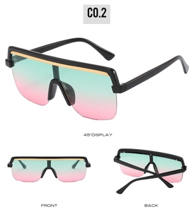 Three-way view of shield sunglasses with gold bar detail and gradient lenses