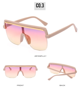 Three views of oversized gradient pink sunglasses with beige frames and gold top bar detail