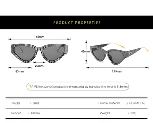 Detailed sizing chart and specifications for cat-eye sunglasses with rhinestone frames