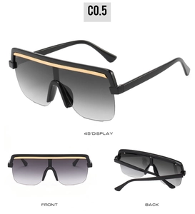 Three-angle view of oversized shield sunglasses with black frames and gold top bar details