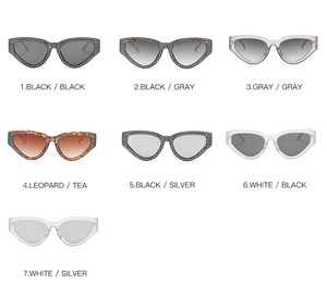 Detailed grid showing seven rhinestone-studded cat eye sunglasses in various color options