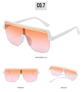 Three-angle view of white shield sunglasses with orange-to-pink gradient lenses