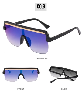 Three-angle view of oversized shield sunglasses with blue gradient lenses and gold top bar