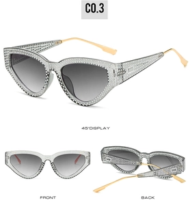 Three-view display of cat-eye sunglasses with rhinestone frames and gradient lenses