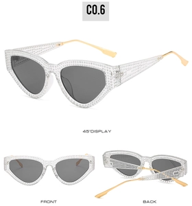 Detailed views of geometric cat-eye sunglasses with rhinestone-encrusted transparent frames