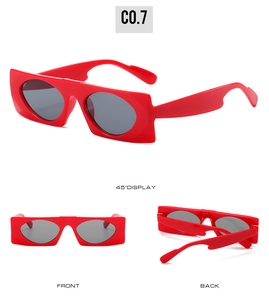 Détails de lunettes de soleil rectangulaires rouges avec verres ovales gris sous trois angles