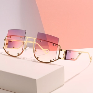 Oversized square alloy sunglasses with gold hollow frame and purple gradient rivet lenses