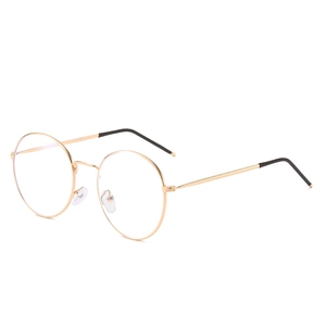 Classic round gold metal frames with blue light blocking lenses and black earpieces