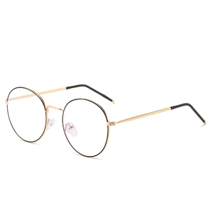 Retro round metal glasses frame in gold and black, stylish blue light blocking eyewear
