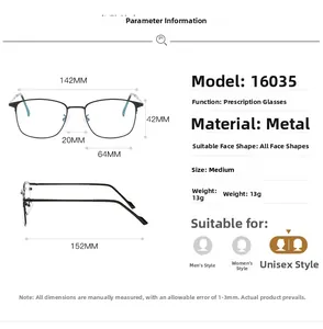 Detailed size specifications for square metal glasses frame with 142mm total width