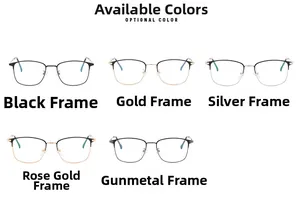 Business style square optical frames displayed in five colors with blue light blocking lenses