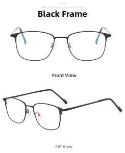 Front and 45-degree angle view of classic black square metal anti-blue light glasses frames