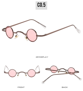 Tre viste di occhiali da sole tondi vintage con lenti rosa e montatura in bronzo