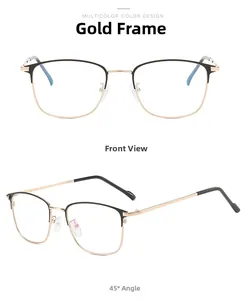 Front and 45-degree angle views of black and gold square metal optical glasses frames
