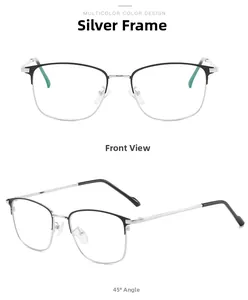 Detail view of semi-rimless silver metal optical frame with black brow line and slim temples