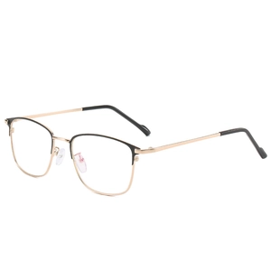Classic black and gold square eyeglasses frame with metal nose bridge and clear lenses