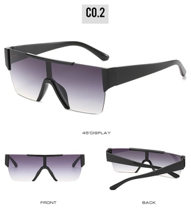 Front and back detail of oversized fashion sunglasses with purple gradient lenses