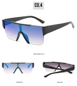 Multi-angle view of oversized square sunglasses with blue gradient lenses and black frames