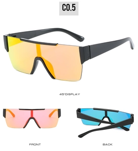Detailed views of black oversized shield sunglasses with colorful gradient lenses
