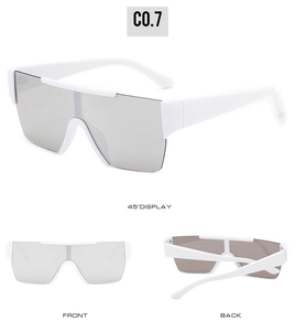 Multiple views of white oversized square sunglasses with silver mirrored lenses
