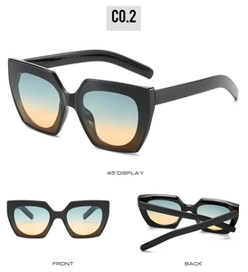 Drei-Winkel-Ansicht der quadratischen Oversized-Sonnenbrille mit blau-orange Verlauf