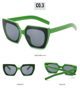 Detailansicht der grünen Cat-Eye-Sonnenbrille mit schwarzem Rand aus mehreren Perspektiven