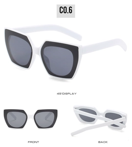 Drei-Wege-Ansicht der markanten quadratischen Cat-Eye-Sonnenbrille mit weißem Rahmen