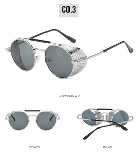 Trois vues de lunettes steampunk argentées avec protections latérales et verres ronds