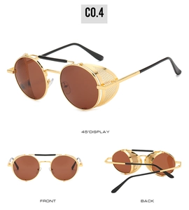 Vue en trois angles de lunettes steampunk avec monture dorée et protections latérales