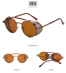 Lunettes steampunk avec verres orange et protections latérales en métal, vue triple