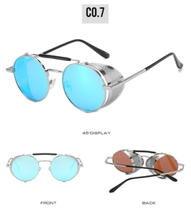 Vues détaillées de lunettes soleil steampunk avec monture argentée et verres bleus miroirs