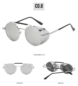 Lunettes steampunk avec monture argentée et protections latérales en maille, vues multiples