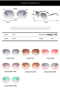 Detailed size specifications and color options for rimless fox head sunglasses