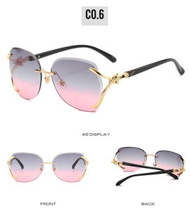 Multi-angle view of rimless gradient purple sunglasses with golden metal floral temples