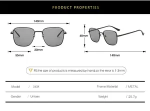 Size chart showing frames width 140mm and dimensions for vintage square metal sunglasses