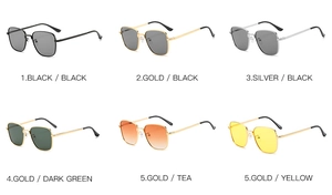 Detailed comparison of six square metal sunglasses with various lens and frame color options