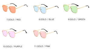 Close-up of vintage square metal sunglasses with colorful lenses in five stylish shades
