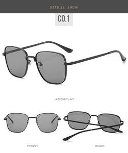 Detailed multi-angle views of square metal sunglasses with dark lenses and black frame