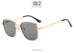 Detail view of gold metal square sunglasses with grey lenses and anti-slip temple tips