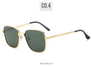 Detailed 45-degree angle of vintage square sunglasses with gold metal frame and dark green lens