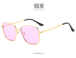 Detail view of pink lens square sunglasses with golden metal frame at 45 degree angle