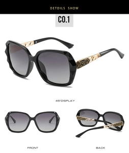 Detailed views of oversized women's sunglasses with ornate gold hollow temples and rhinestones